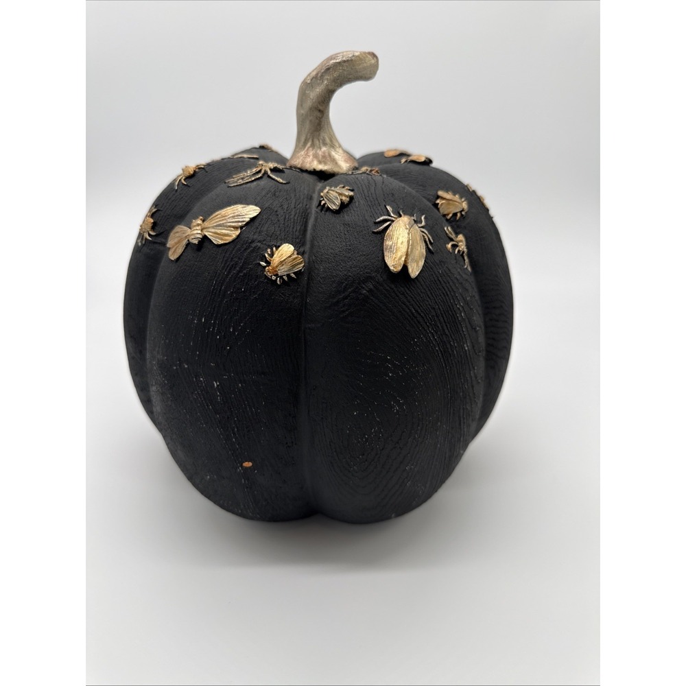 Black Resin Pumpkin with Gold Bugs